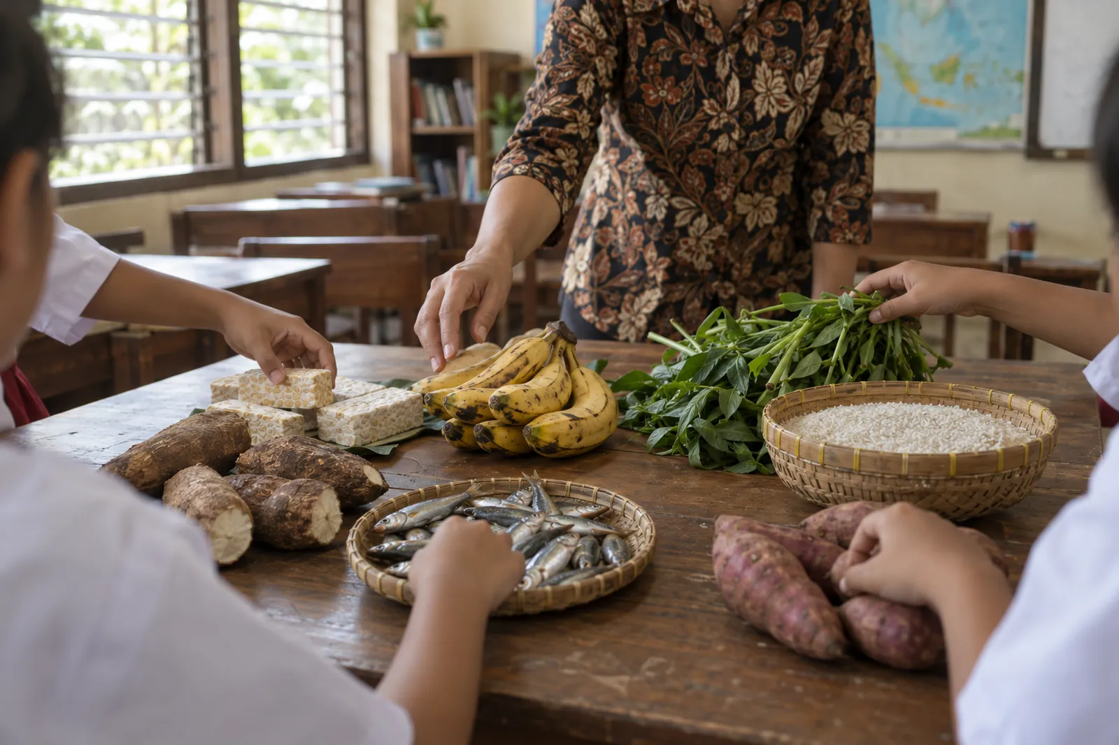 A teacher leads a classroom nutrition lesson as children's hands sort tempeh, cassava, bananas, greens and small fish on a desk.