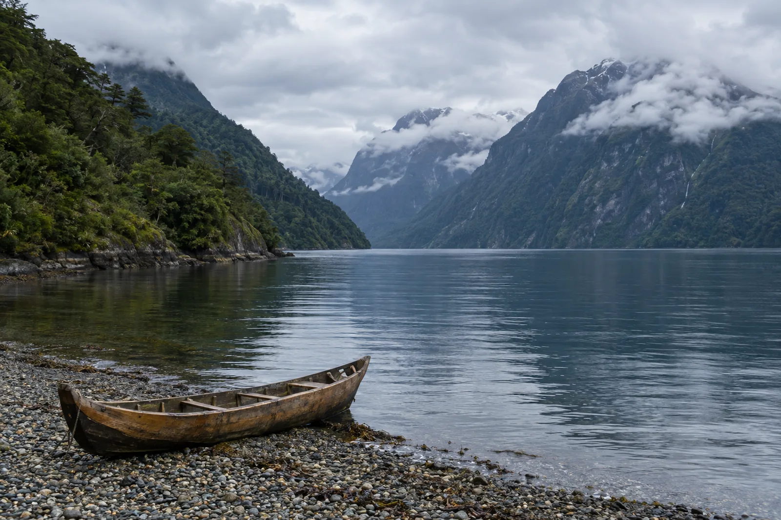 A calm fjord in western Patagonia with steep, forested mountainsides, snow-dusted peaks in low cloud and a weathered wooden canoe pulled up on a pebble beach in the foreground.