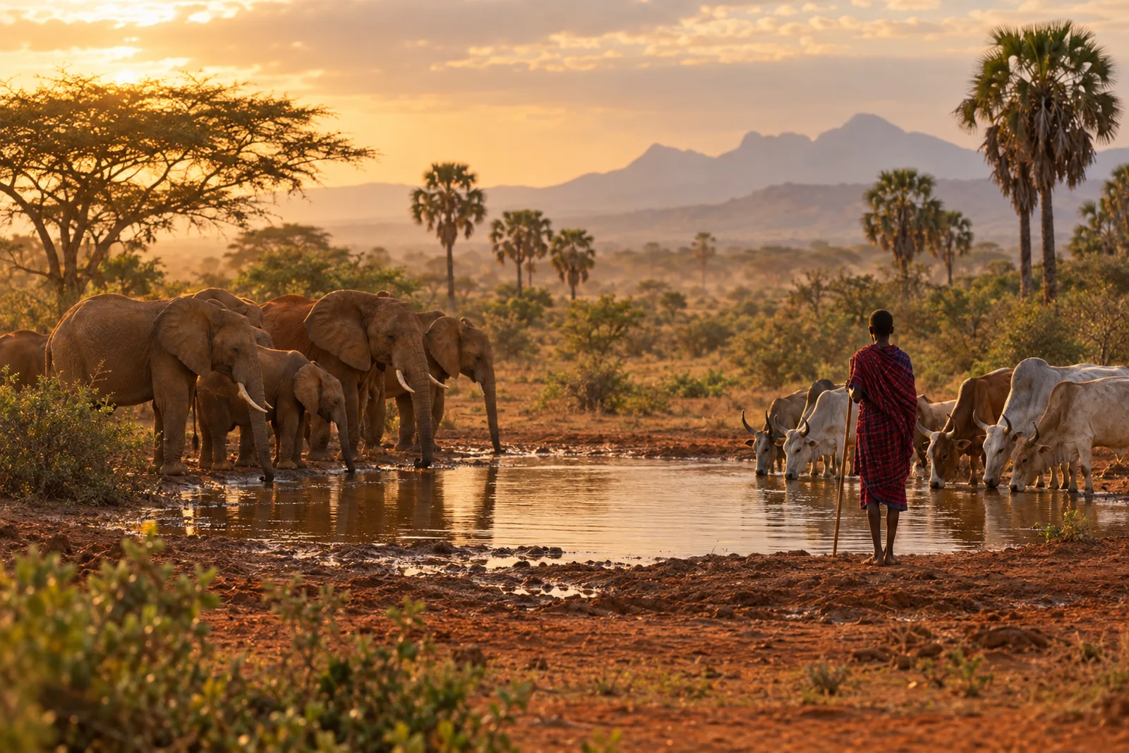 Elephants and cattle drink at the same muddy water point in the red-earth Tsavo landscape at sunset, as a herder in a red shuka watches.