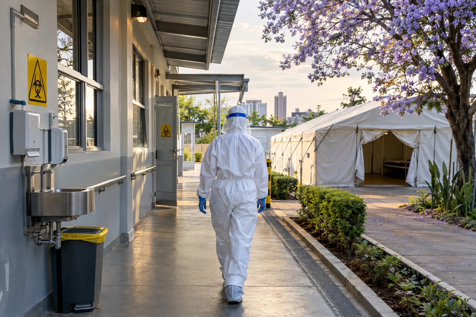 A health worker in a white protective suit, face shield and blue gloves, seen from behind, walks past a handwashing station outside a treatment unit, with a tree and soft afternoon light.