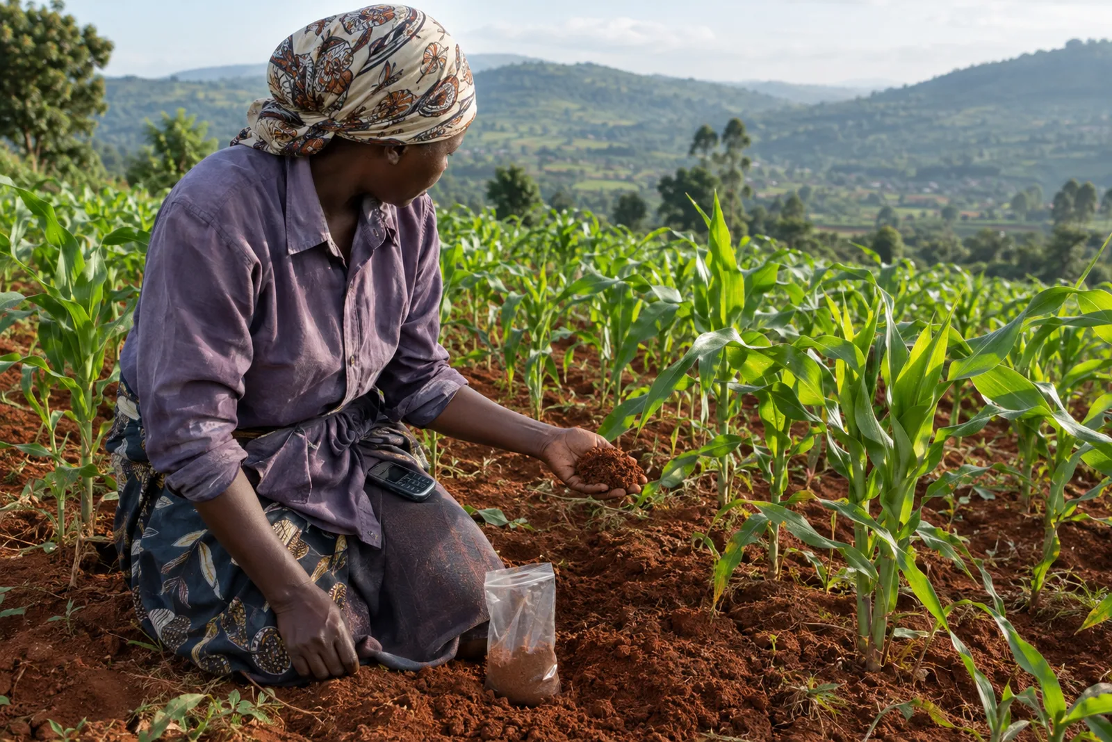 A woman farmer kneels in a maize field of red soil in western Kenya, touching the earth beside a small bag of soil collected for testing.