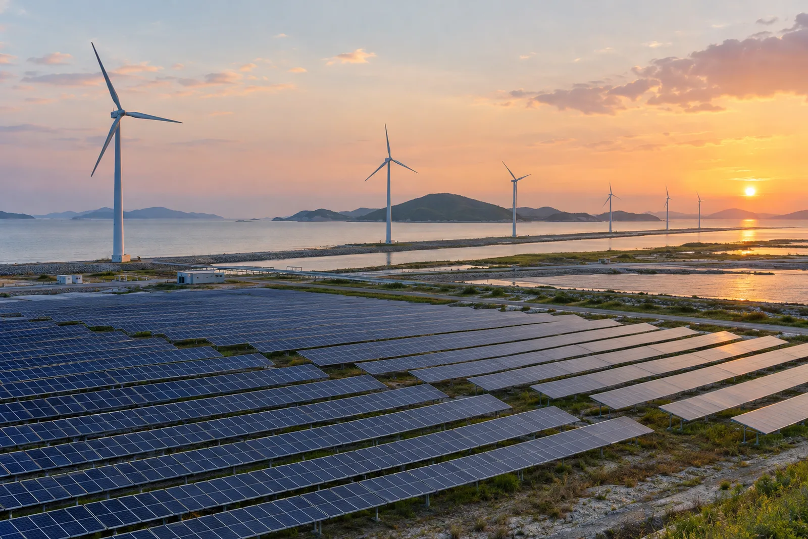 Reihen von Solarmodulen auf flachem K&uuml;stenland, hohe wei&szlig;e Windr&auml;der entlang der K&uuml;stenlinie, dahinter niedrige gr&uuml;ne H&uuml;gel und ruhiges Meer im sanften Abendlicht.