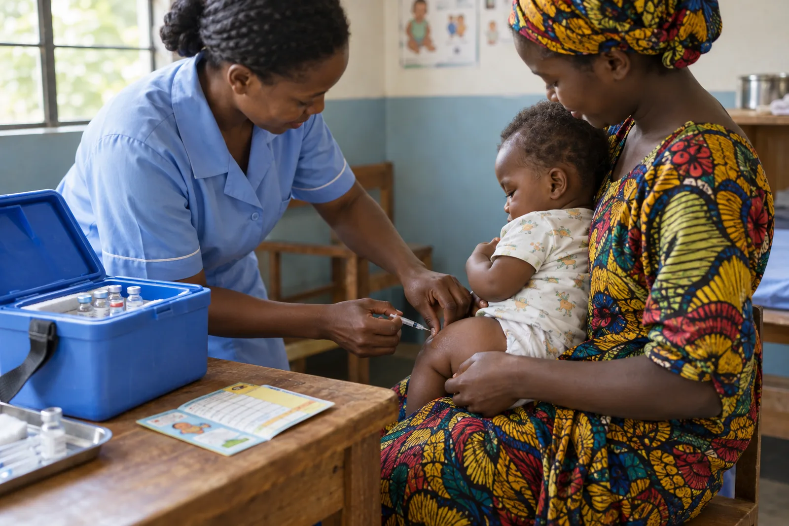 A nurse gives a vaccine to a baby held on its mother's lap in a rural clinic, beside an open blue vaccine cool box and a child health card.