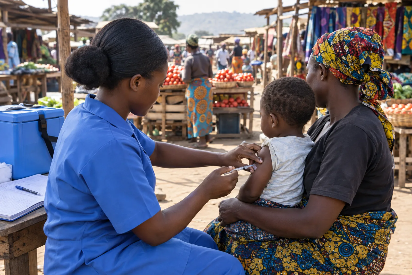 A health worker in a blue uniform gives a vaccine injection to a toddler held on her mother's lap at an outdoor vaccination post in a busy rural African market, with a cool box and a registration book on a small wooden table.