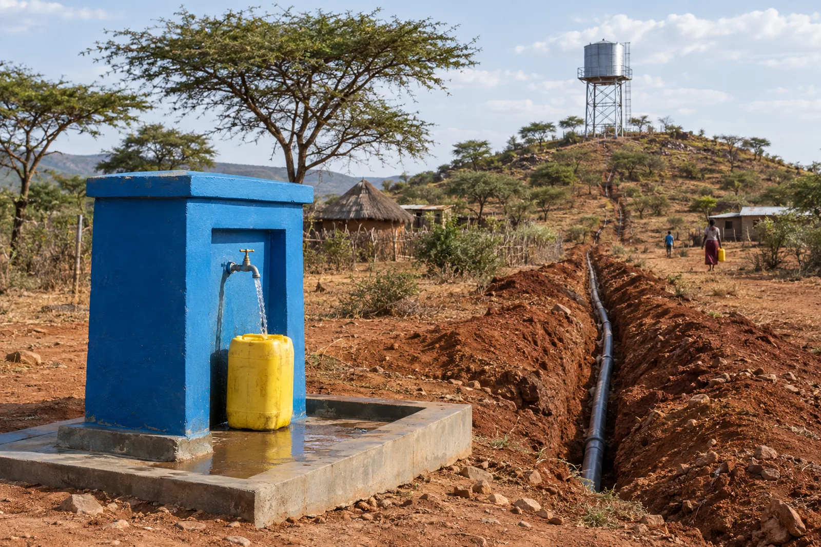 Water flows from a metal tap at a blue-painted water kiosk into a yellow jerrycan in a dry Kenyan village, with a freshly dug pipeline trench, acacia trees, red soil and a steel water tank on a hill behind.