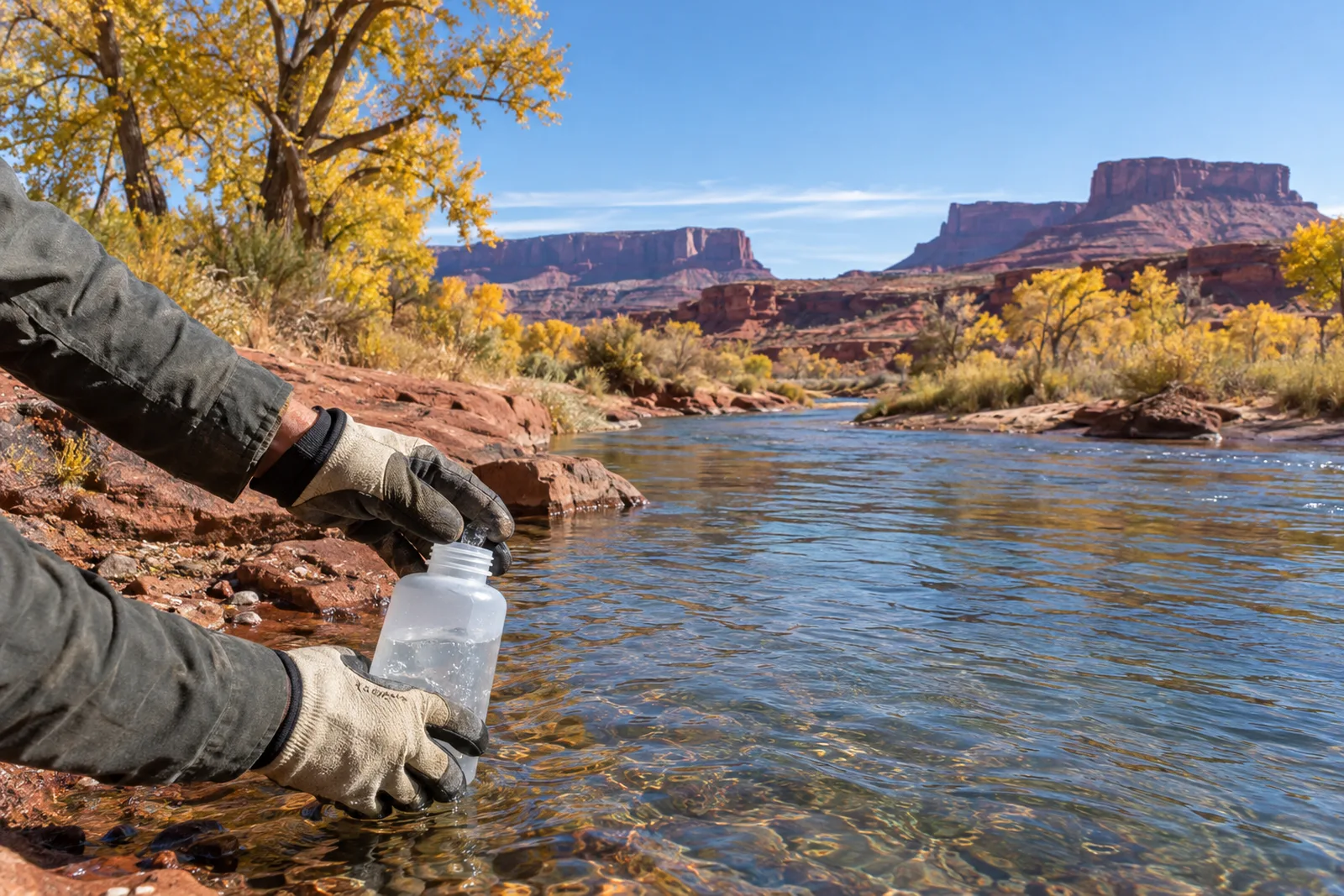 Gloved hands fill a clear sampling bottle in a shallow river running through red sandstone country, with yellow autumn cottonwoods along the banks and mesas under a blue sky.