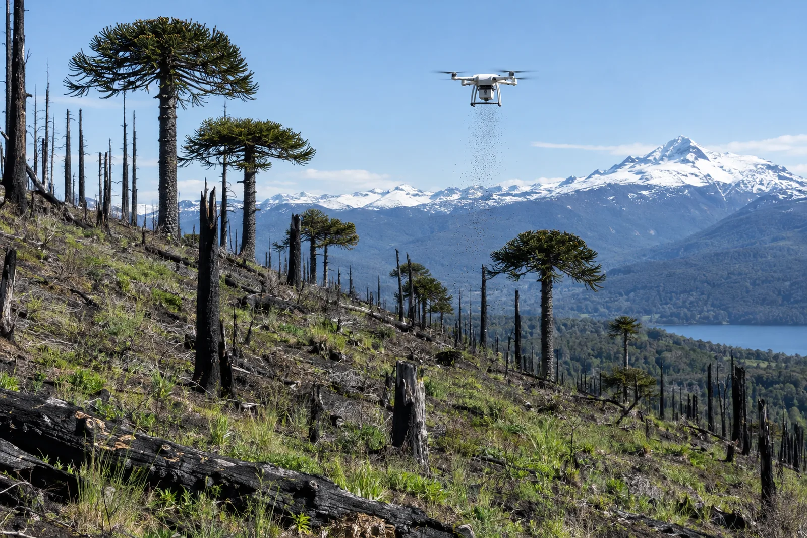 Surviving monkey puzzle trees with umbrella-shaped crowns stand among charred trunks on a regrowing mountain slope in Patagonia, while a small drone releases seeds, with snow-capped Andes behind.