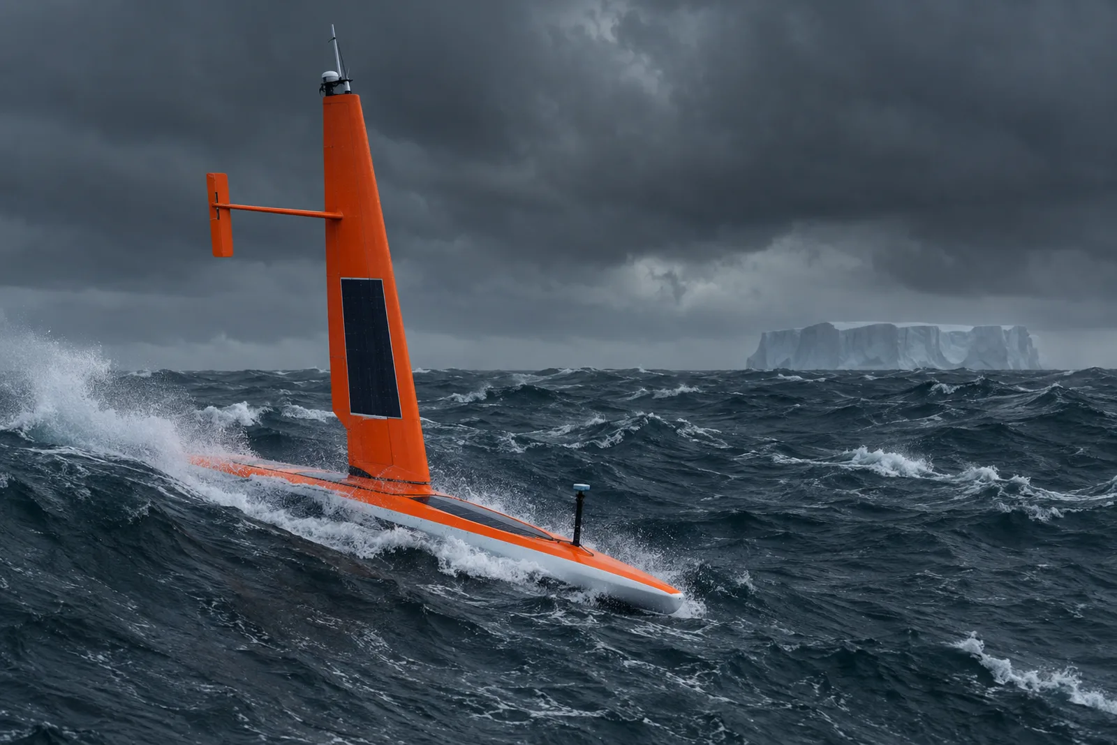 An orange uncrewed sailing drone with a tall rigid sail rides grey, heavy swells in the Southern Ocean under a stormy sky, with an iceberg in the distance.