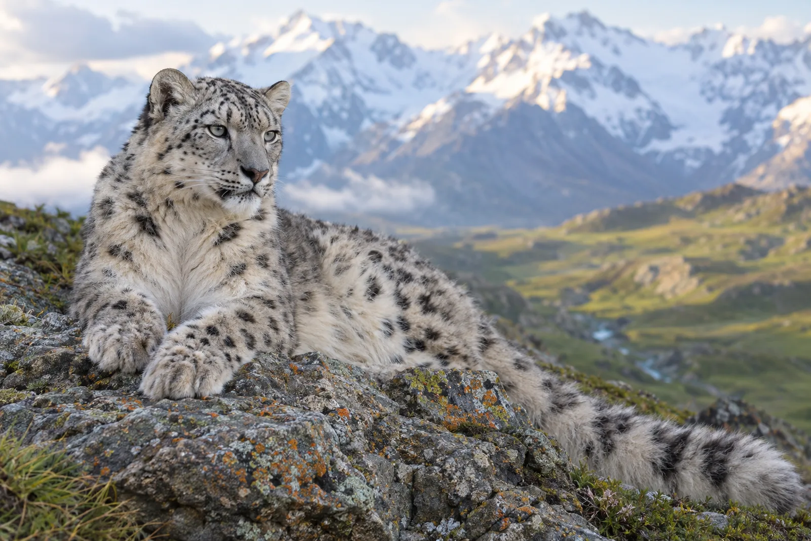 A snow leopard with thick pale grey, black-spotted fur and a long bushy tail rests on a rocky ledge high in the mountains, with alpine meadow and snowy peaks softly blurred behind in early morning light.