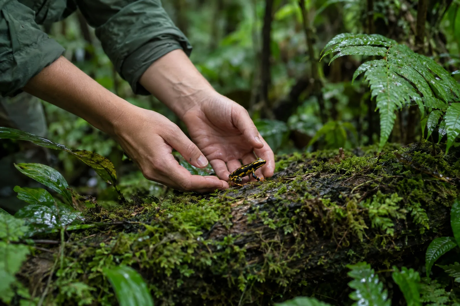 In a green rainforest, a conservation worker's hands gently release a small frog onto a mossy log.