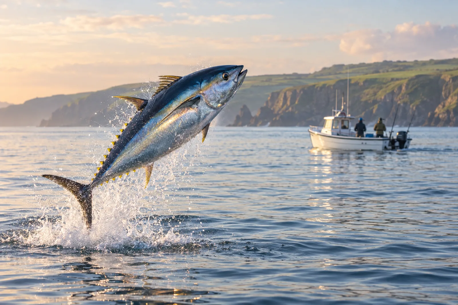 A large bluefin tuna leaps from a calm sea off green Cornish cliffs at sunrise, with a small rod-and-line fishing boat in the distance.