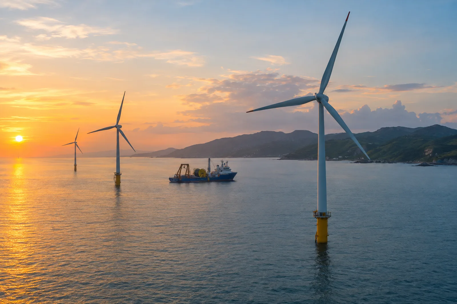 Offshore wind turbines stand in a calm tropical sea at sunrise, with a cable-laying ship in the middle distance and green coastal hills on the horizon.