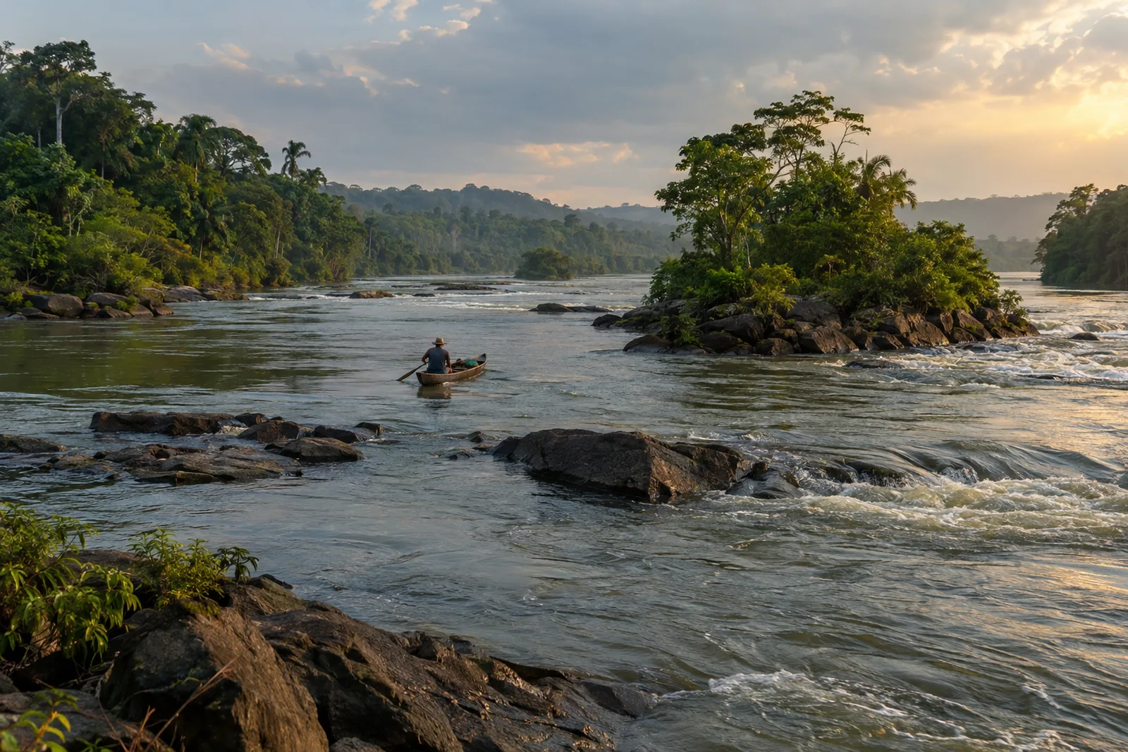 A wide tropical river with rocky rapids and small forested islands flows between dense rainforest at sunset, with a fisher paddling a wooden canoe in the middle distance.